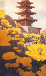 the tall building is surrounded by many yellow flowers