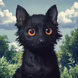 a cat with orange eyes is sitting in the grass
