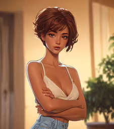 an image of a girl with crossed arms,a very realistic woman in high - rise jeans with her arms folded and shirt on