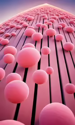 large pink balls are floating around the outside of a building
