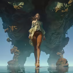woman walking along the water with a backdrop of rocks