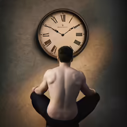 man is sitting on the floor watching the clock