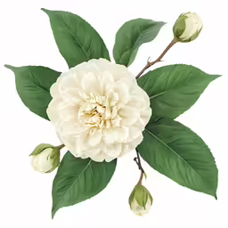 large white flower and green leaves are featured