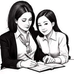 two woman are writing on a notebook