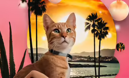 a cat wearing a collar standing in front of a sunset