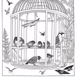 a cage with birds inside of it,bird drawing by mark knack,a cage that has birds in it,a drawing of birds in a cage,a drawing of a cage with several birds inside of it