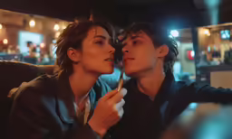 a couple sharing a kiss and eating
