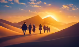 several people walking in the sand dunes with sun setting in background