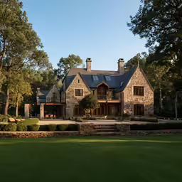 a large house with stone exterior and grass area in front of it
