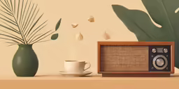a coffee cup and radio are sitting on a shelf
