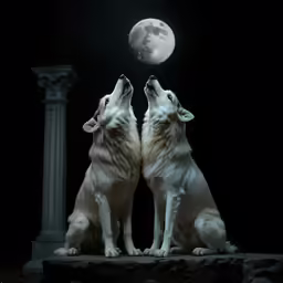 two white dogs standing on a rock and looking up at the moon