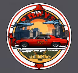 the red muscle car sits in front of an image of an airplane, and is also part of the logo for a vintage restaurant,the car was shown in the circular design