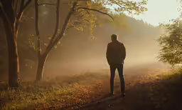 man standing on a path in the middle of a forest