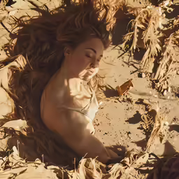 woman with long hair laying on a sand covered ground