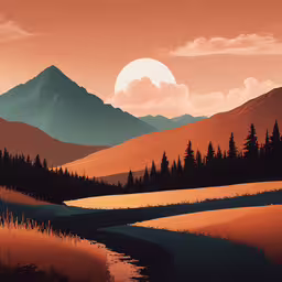the sun shines brightly behind mountains near a river,an illustration of a desert landscape that shows mountains, pine trees and water