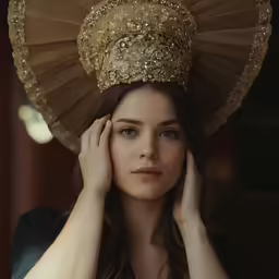 a woman is posing with an unusual hat on her head