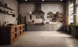 a kitchen with a stainless steel range hood