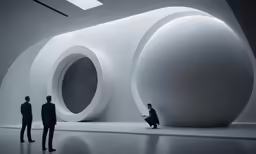 three people in suits and one sitting on the floor