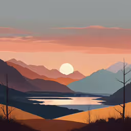 a painting of mountains with trees and water,a painting shows a landscape of mountains and lake