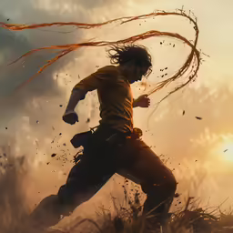a man with his hair flying around in the air