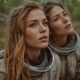 two young women are posing for a picture in the woods