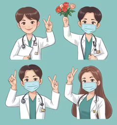 four medical cartoon character images, each showing the same woman