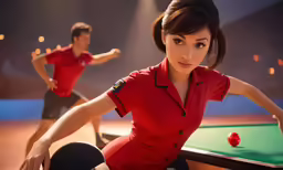 a woman in a red shirt is playing pool