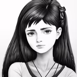 a girl with long hair is shown in black and white