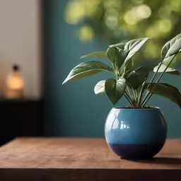 a plant in a blue vase is shown on a table