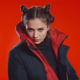 a woman wearing a red and black jacket
