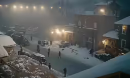 this image shows people and vehicles outside in the snow