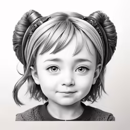 a child with large hair and bangs, in a black and white photograph