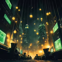 the view of a nighttime city with high rise buildings and lights