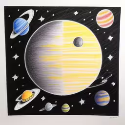 a painting with many planets in the sky