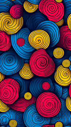 many colorful circular circles with yellow red and blue,abstract, colorful swirls and circles design in black and red