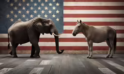 two elephants on a stage in front of an american flag