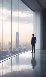 man looking out a window on a cityscape