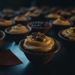 an assortment of cupcakes in a bowl on a table