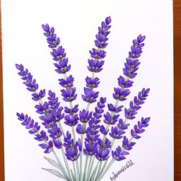 a painting of a bunch of lavender flowers,a card with lavenders on it on a wooden table,there are purple flowers that are on the table,the lavender is still in bloom, so we have some paper,purple flowers on white card sitting on wood