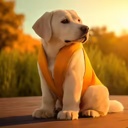 dog with yellow vest sitting in a field at sunset