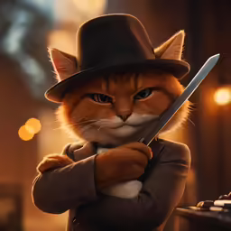a cat in a hat with a knife in his hand