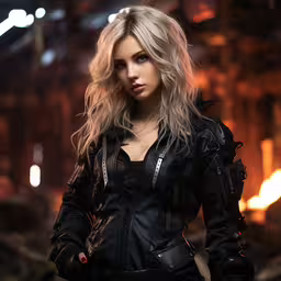 there is a woman wearing a leather outfit,a beautiful young blond woman standing next to a red light