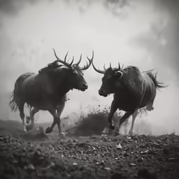 a couple of bulls standing on top of a field