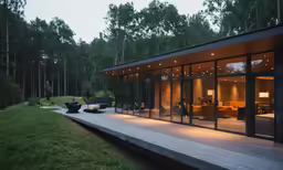 a large room with glass doors and lots of windows