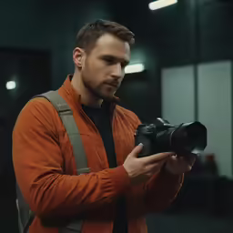 the man is standing in the elevator holding a camera