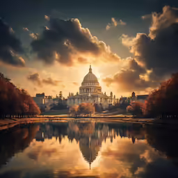 the sun shining through clouds over a lake in front of a large building