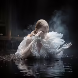 a woman in white floating on the water