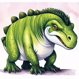 a green dinosaur with long teeth and big horns