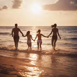 a family is walking through the ocean waves at sunset