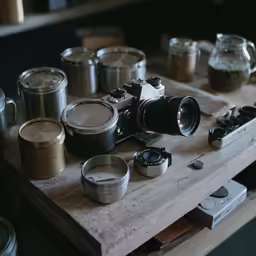 an old camera with many smaller camera lenses on a wooden table